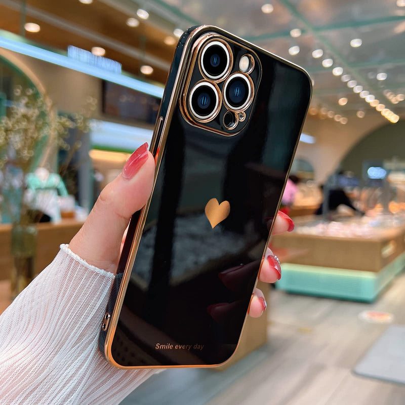 [Australia - AusPower] - Teageo for iPhone 13 Pro Case for Women Girl Cute Love-Heart Luxury Bling Plating Soft Back Cover Raised Full Camera Protection Bumper Silicone Shockproof Phone Case for iPhone 13 Pro, Black 