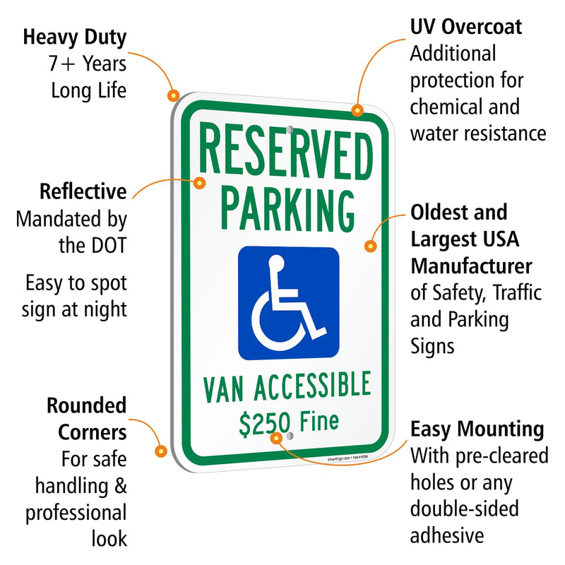 SmartSign Reserved Parking Van Accessible $250 Fine Sign with Handicap Symbol - 12" x 18", 120 mil Aluminum Composite (ACM), Engineer Grade Reflective Material, Green, Blue and White