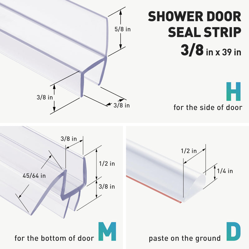 Shower Door Seal,4 PCS 3/8" x 39" Frameless Glass Door Side Seal and Shower Door Bottom Seal Door Sweep for 3/8 Inch Glass, Stop Shower Leaks Create a Water Barrier For 3/8" Glass-4PCSX 39"