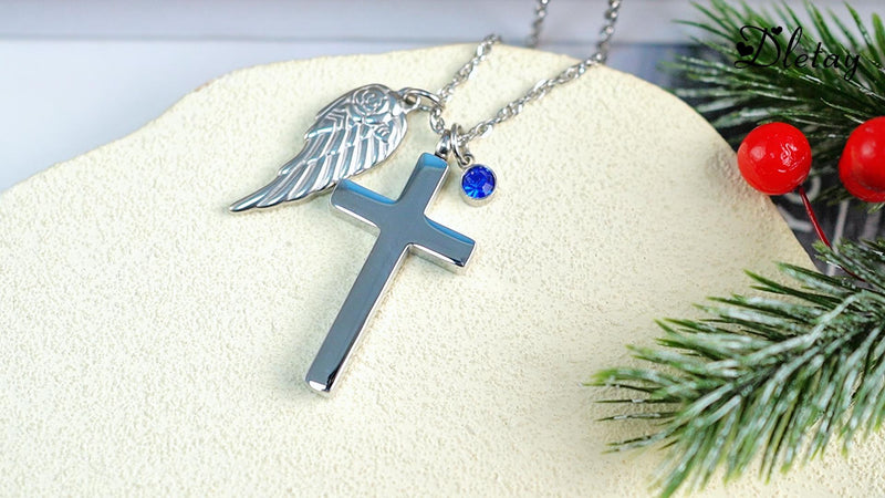 Dletay Cross Urn Necklace for Ashes with 12 Birthstones Cremation Jewelry for Ashes for Women Memorial Ash Keepsake Urn Pendant Silver