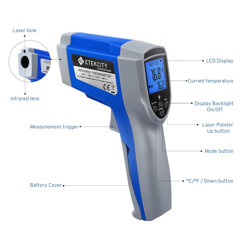 [Australia - AusPower] - Etekcity Digital Thermometers Non-contact-58°F ~1022°F (-50°C ~ 550°C) ith Adjustable Emissivity & Max Measure for Meat Refrigerator Pool Oven, Blue 