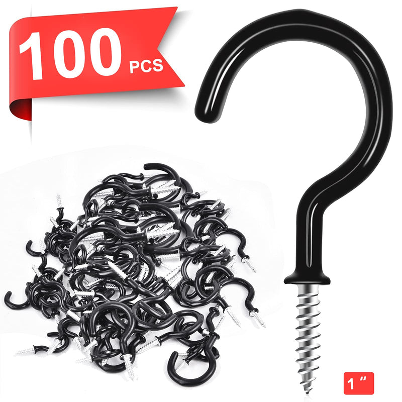 [Australia - AusPower] - Cup Screw Hooks,1 inch Vinyl Coated Ceiling Hooks,100 Pack Screw in Hooks Plant Hanger Hooks,Wind Chimes Hooks Kitchen Cup Hooks Great for Hanging Indoor & Outdoor Use(Black) Black 1 Inch 