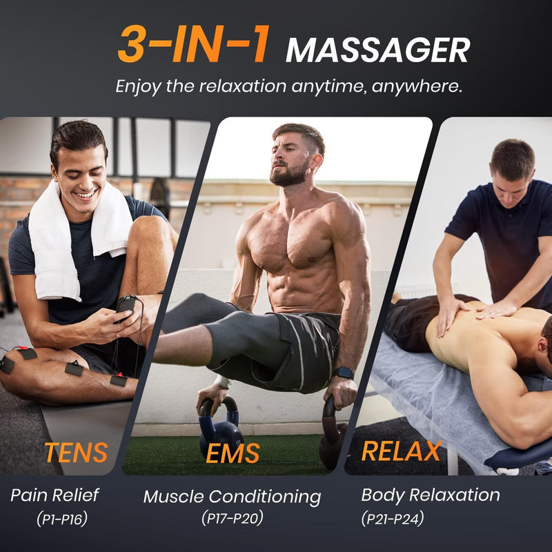 AVCOO 3-in-1 TENS Unit Muscle Stimulator, EMS Massager Machine with 24 Modes & 40 Levels for Shoulder, Back, Neck, Sciatica Pain Relief, Portable-Size Electronic Pulse Massager with 12 Pads, EVA Case