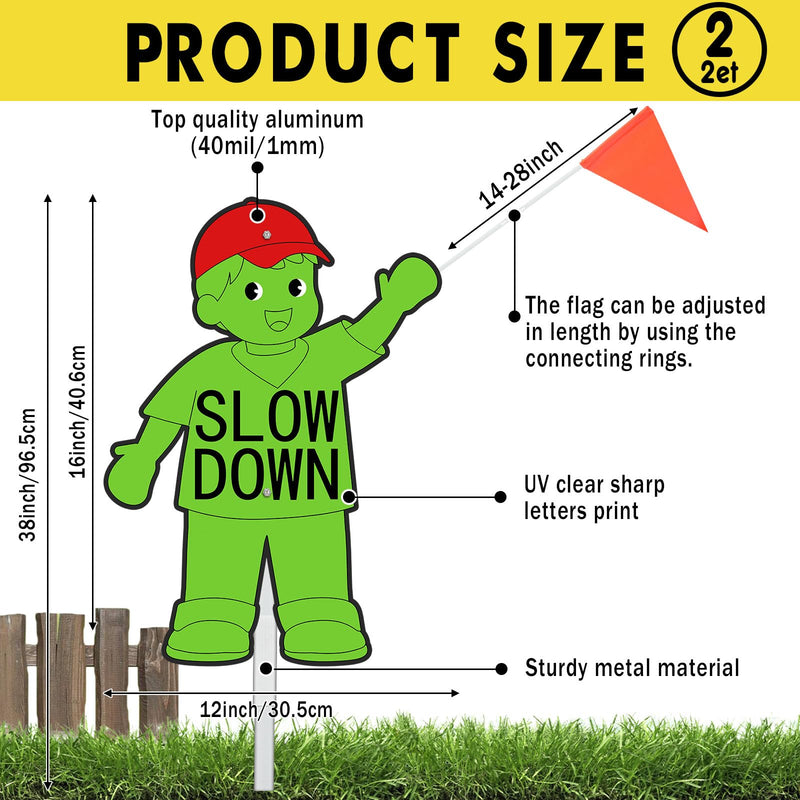 Copkim 2 Set Metal Slow Down Kids at Play Sign with Stake Safety Flag Double Sided Weatherproof Children at Play Safety Street Sign 38" Tall for Neighborhoods Community Outdoor Yard(Boy Style,Green) Green Boy Style