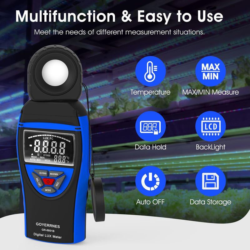 [Australia - AusPower] - Illuminance Light Meter, Digital Lux Foot Candles Meter 0.1~400,000 Lux (0.1~40,000 FC) with 270º Rotatable Detector, Lumen Meter Luxmeter for Indoor Outdoor（Blue） 