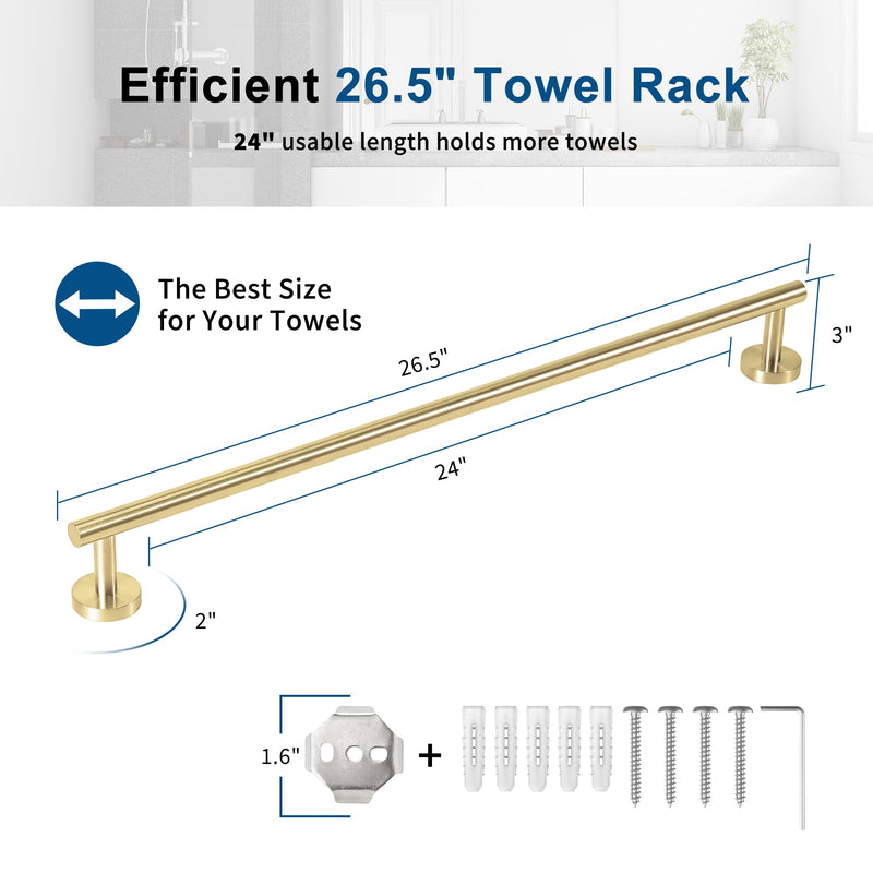 Brushed Gold Towel Bar, 24 Inch Towel Racks for Bathroom Wall Mounted, Thicken SUS304 Stainless Steel Heavy Duty Hand Towel Holder Organizer, Bathroom Accessories, Total Length 26.5 Inch Brushed Gold 26.4"