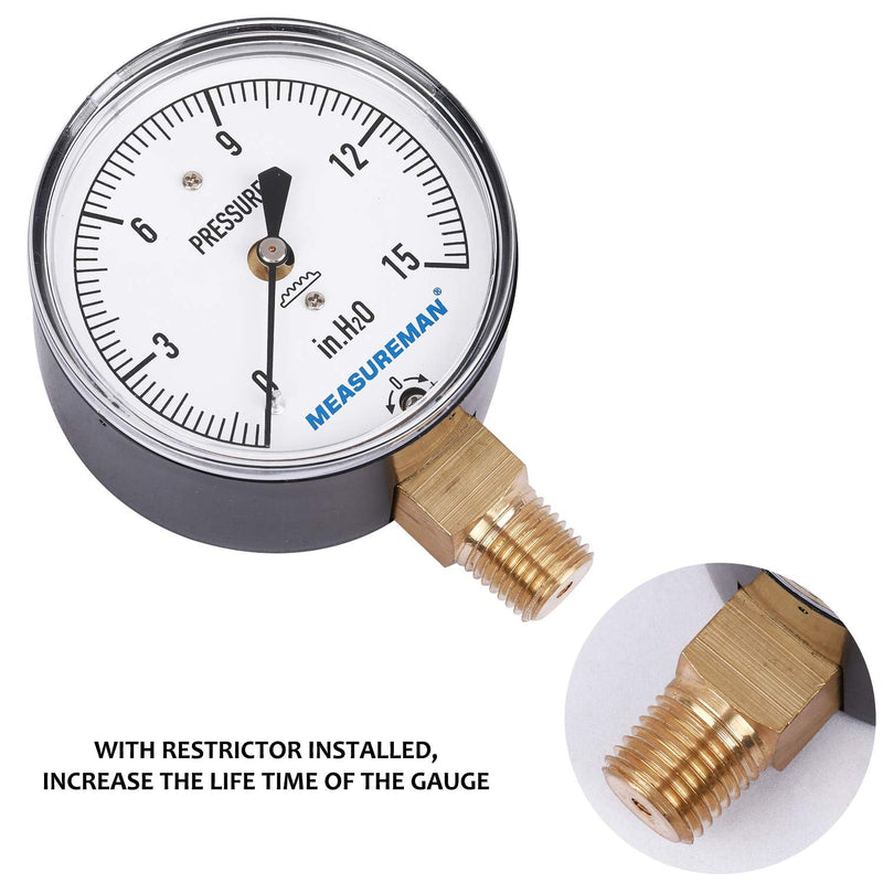[Australia - AusPower] - MEASUREMAN Diaphragm Type Capsule Low Pressure Gauge, 2-1/2" Dial, 1/4"NPT Lower Mount, Adjustable, 0-15 in H2O(Inches of Water) 