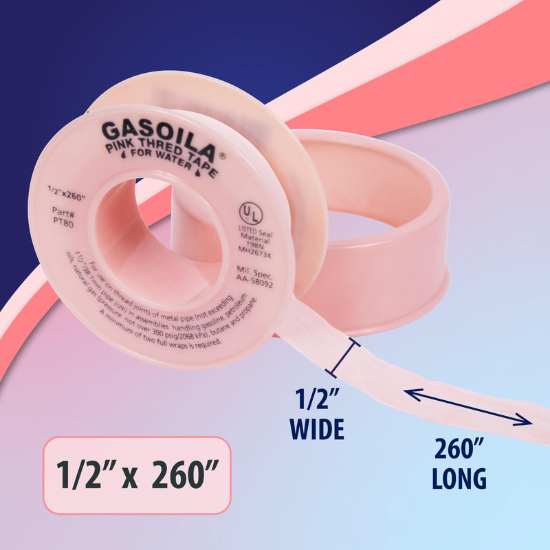 Gasoila Pink PTFE Thread Seal Tape – Professional-Grade High-Density Thread Tape for Water Lines – Leak-Proof Seal, Non-Toxic (1/2 Inch x 260 Inch Roll) 1/2 Inch x 260 Inch Roll