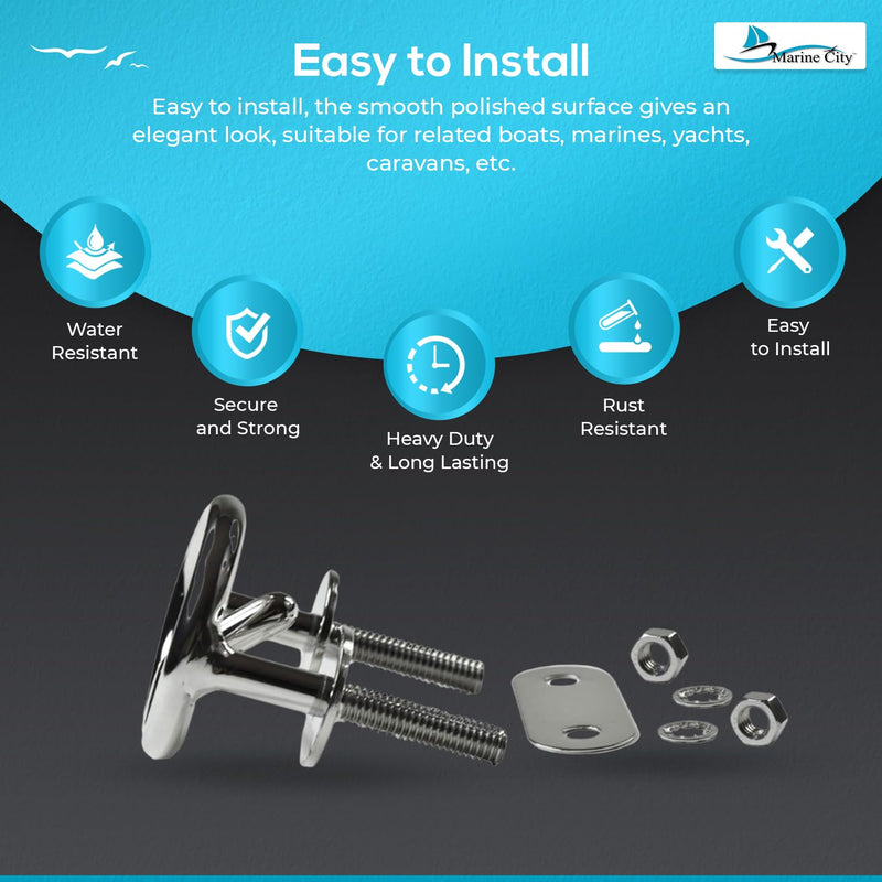MARINE CITY Mount Ski Tow Hooks – 316 Stainless Steel, Mirror-Polished Finish, Corrosion-Resistant – 2-1/2” Ring Diameter, for Boats, Marines, Yachts, Hardware Accessories 1 PCS