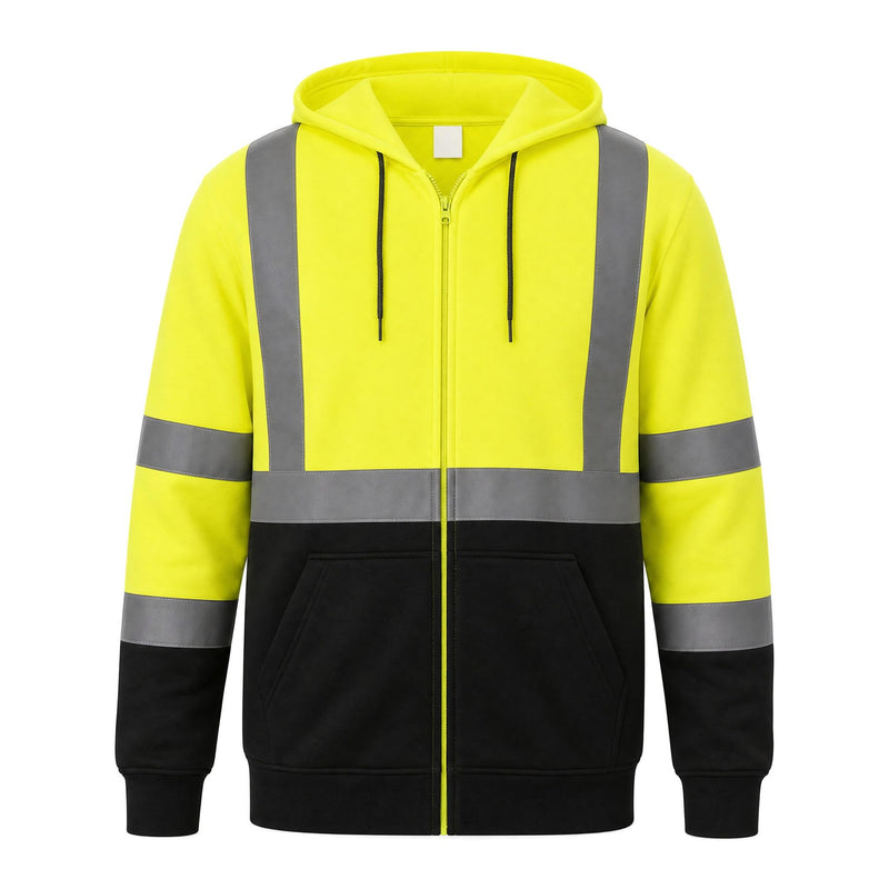 SRsafety Hi Vis Safety Hoodie Fleece Reflective Class 3 Sweatshirt | Hi Vis Pullover Hoodie Black Bottom Utility Pockets & Drawstring Hood XX-Large Lime Zipper