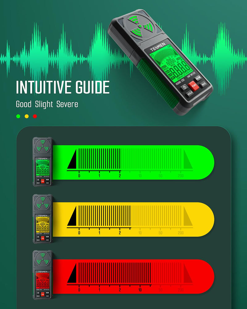 [Australia - AusPower] - EMF Meter, Hound-200 EMF Detector: 3-in-1 Portable Electromagnetic Field Radiation Detector for EF, RF, MF, WiFi Signal, Suitable for Home, Office EMF Inspections and Ghost Hunting - Green 