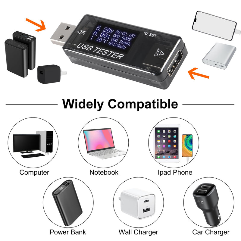 [Australia - AusPower] - 2pcs 8 in 1 USB Tester 10V 3A Voltage Current Tester Voltmeter Capacity Current Meter Digital Multimeter Current Tester Voltage Detector (Black) Black 
