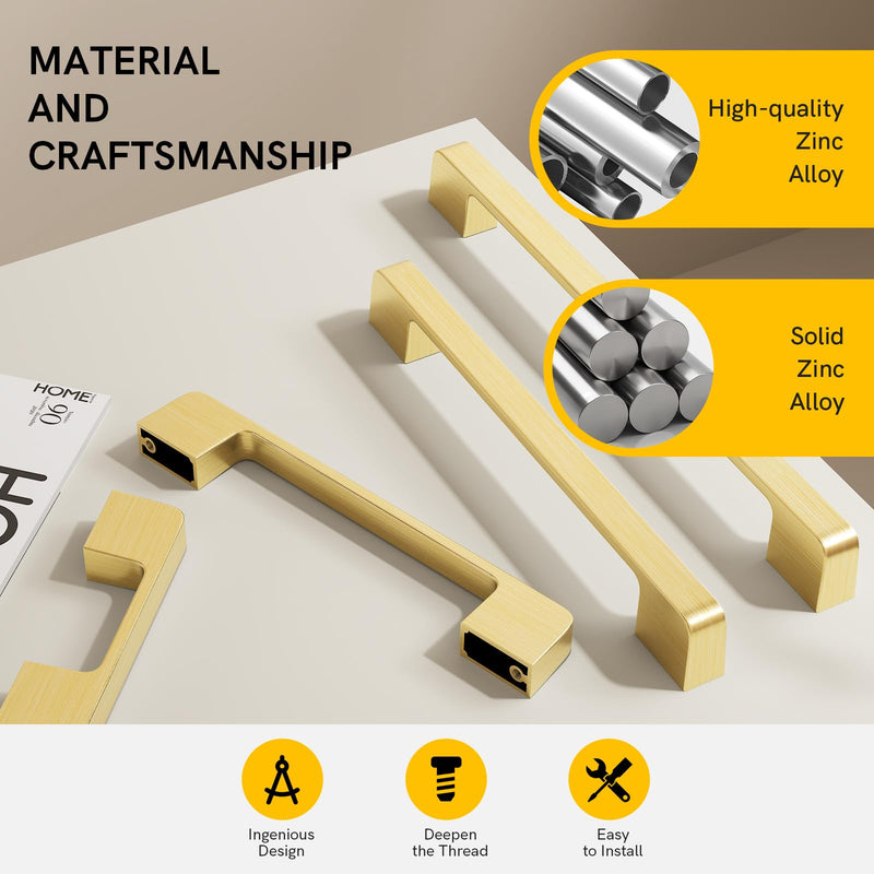 Rergy Cabinet Pulls Kitchen Handles for Cabinets, 5Pack Gold 5inch Hole Center, Square Drawer Hardware Zinc Alloy Dresser Handle for Cupboard 5"/128MM Hole Center Brushed Gold
