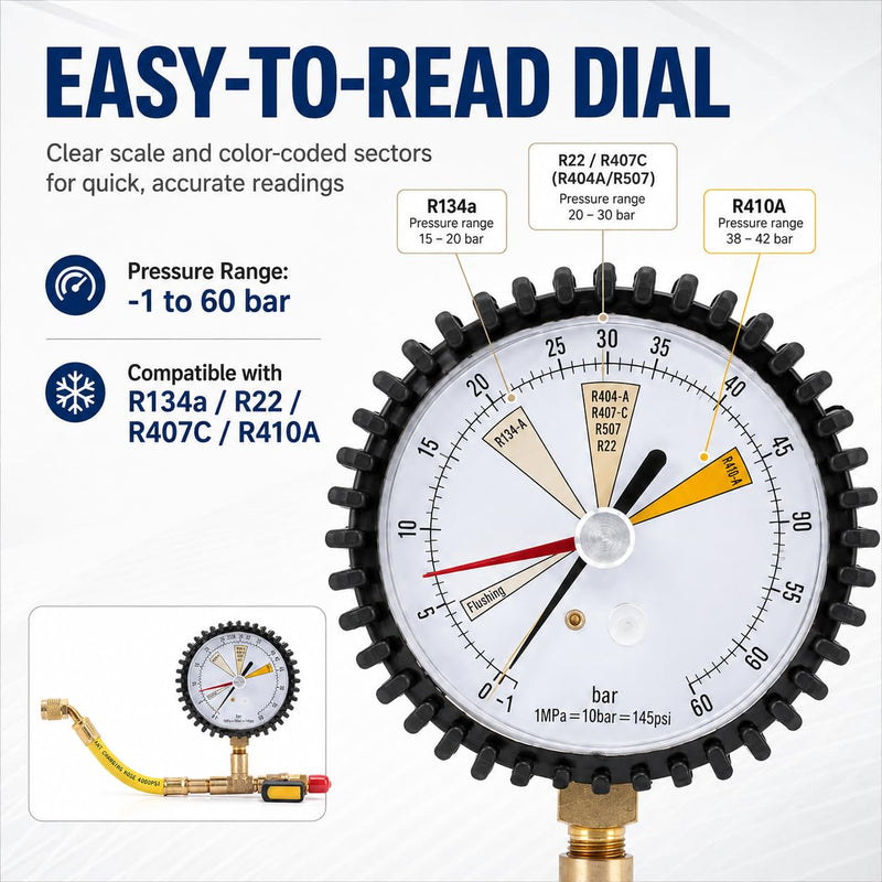 Pressure Gauge SAE 1/4, -1 to 60 Bar | For air conditioners R134a, R22, R407C, R410A, R404A, R507, R422D, R32