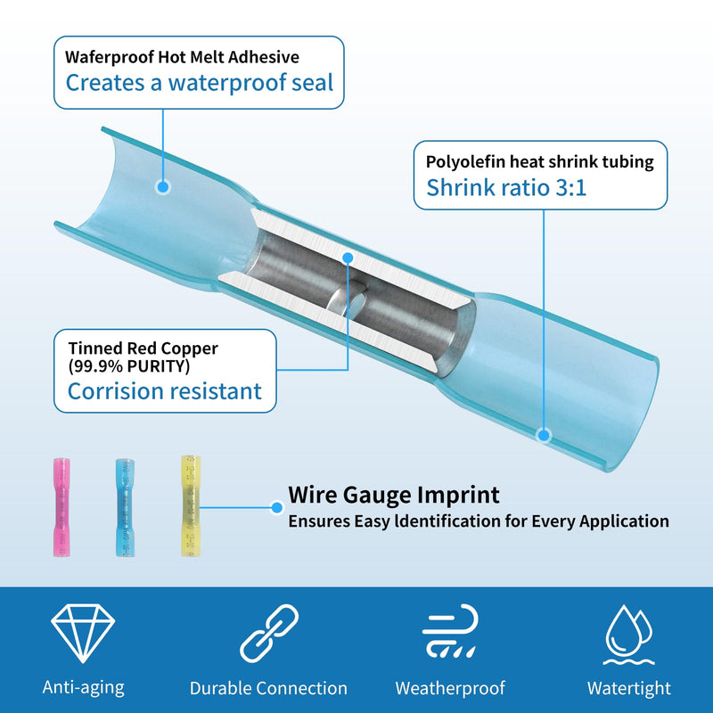 Heat Shrink Butt Connectors - 500Pcs 16-14 AWG Blue Waterproof Electrical Wire Connectors Automotive Marine Grade Wire Crimp Terminals Butt Splices for Cable,Boat,Home Electrical etc. [16-14 AWG] x 500