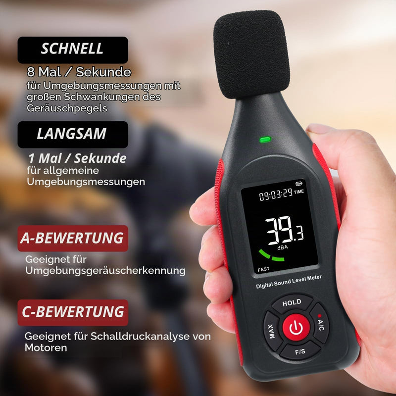 GAIN EXPRESS Decibel Meter, Decibel Meter with Data Logger, Sound Level Meter with 30-130dB Measurement, 31,000 Datasets, 3-Colour Light Alarm, Rechargeable dB Meter for Home, Classroom Lcd Screen Display