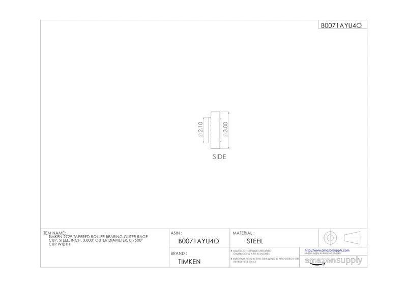 [Australia - AusPower] - Timken 2729 Tapered Roller Bearing Outer Race Cup, Steel, Inch, 3.000" Outer Diameter, 0.7500" Cup Width 