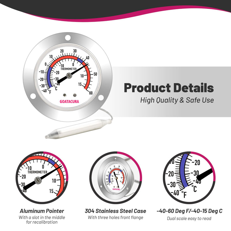 [Australia - AusPower] - Vapor Capillary Refrigeration Thermometer, Stainless Steel Flanged Panel Mount, 2" Dial Size, 48" Capillary, -40-60 Deg F/-40-15 Deg C 