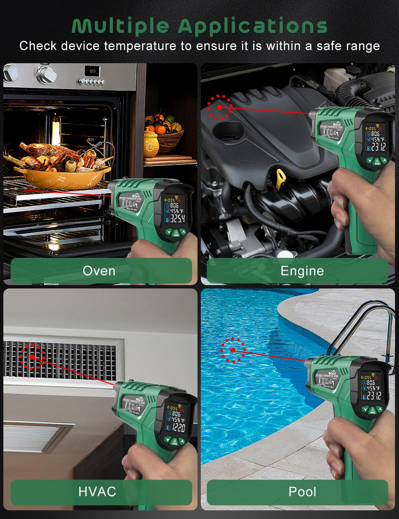 [Australia - AusPower] - Infrared Thermometer Gun,SQECH Laser Thermometer Gun -58℉～1472℉(-50℃～800℃),Temperature Gun with Ambient Temperature/Humidity/Adjustable Emissivity/Color Backlight for Cooking, Oven,Engine,HVAC Green(-58℉～1472℉) 