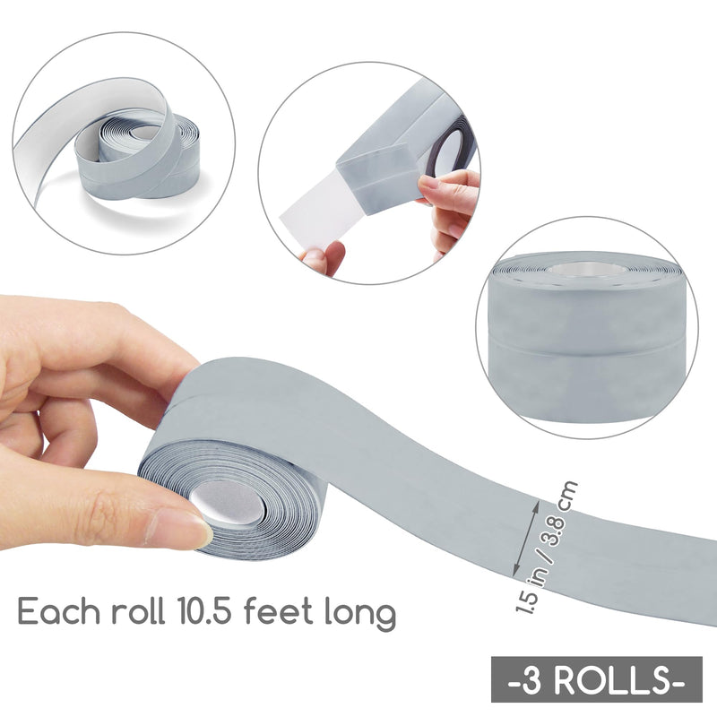 3 Rolls 1.5 Inch Caulk Tape Self Adhesive Toilet Caulking Strip Bathroom Sealing Caulk Strip Peel and Stick Bathtub Caulking Tape, 10.5 Feet Each Roll (Grey) Grey