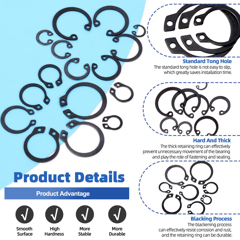 Glarks 499Pcs 8 Sizes Alloy Steel External Retaining Clip Rings Internal Circlips Snap Retaining Rings and Rubber O-Rings with Precision Hook and Pick Assortment Kit, Metric Size