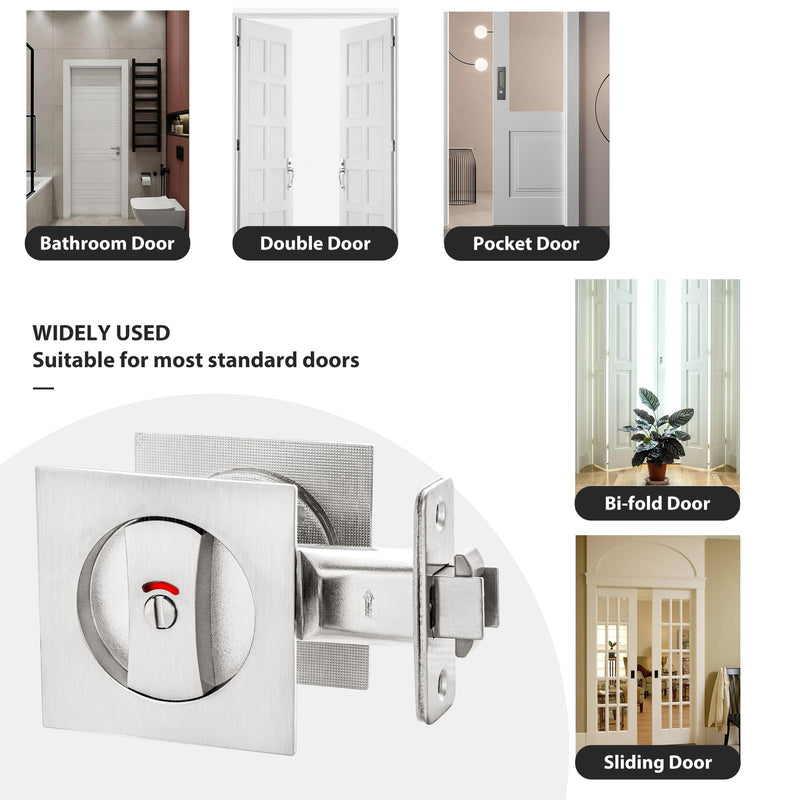 Malimali Pocket Door Lock, Pocket Door Hardware Square Door Lock for Privacy Sliding Door Bifold Door Locks and Pulls Handles Replacement Hardware (Brushed Steel, Privacy Lock with Indicator) Brushed Steel