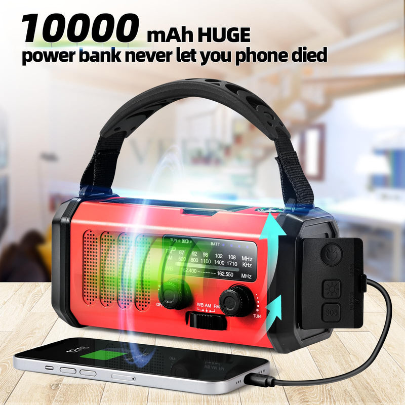 [Australia - AusPower] - Emergency Weather Radio, 10000mAh /37000mWh Crank Radio, Portable NOAA/AM/FM Weather Radio, Reading Light, Solar Radio, SOS Emergency Flashlight, Multiple Power Sources,for Hurricanes and Emergencies Red 