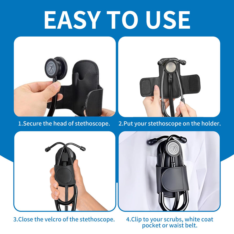 [Australia - AusPower] - PU Leather Stethoscope Holder Clip 2-Pack (Black & Pink) - Secure Hands-Free PU Leather Holster for Physicians, Nurses, EMT, Students - Fits 3M Littmann & Most Stethoscopes 