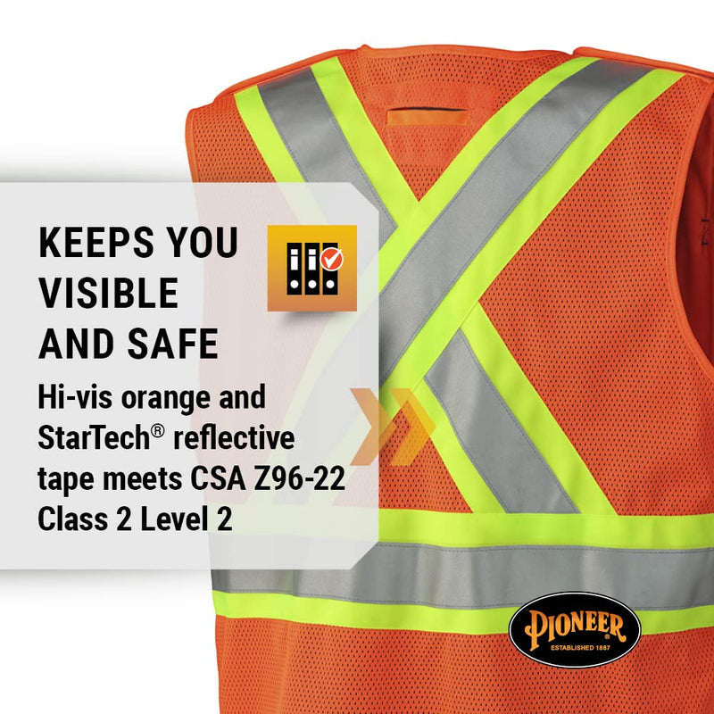 Pioneer Hi Vis Tear-Away Mesh Back Safety Vest for Me - Reflective Tape, 4 Pockets - Construction, Traffic, Security - Orange Hi-vis Orange 5X-Large