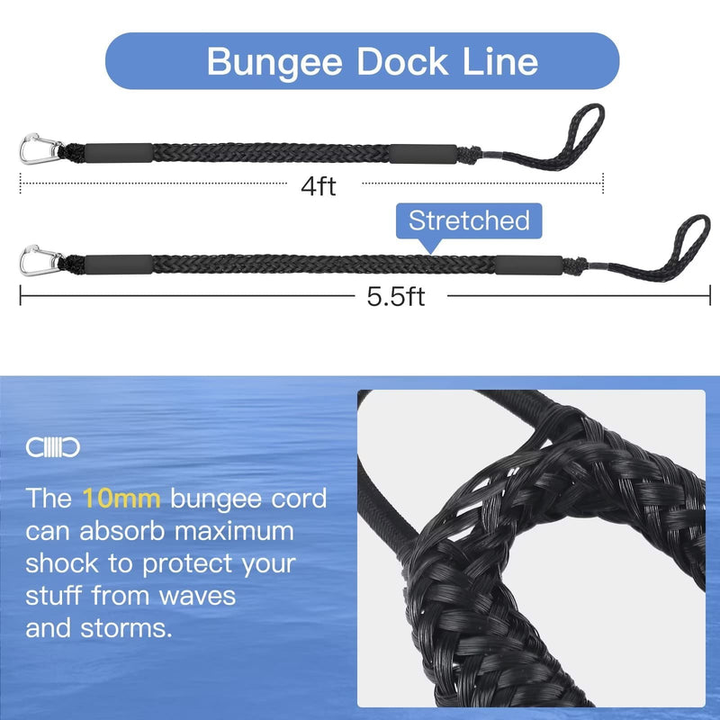 Bungee Dock Lines for Boats, Boat Dock Line Mooring Rope with Clip Boat Accessories for Jet Ski,PWC,Kayak,Watercraft,Power Boat,Dinghy 4-5.5ft(Black,2PCS) 2 Pack Black