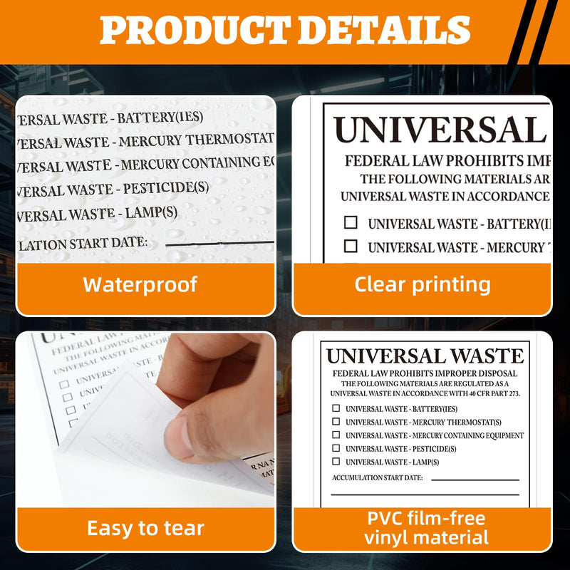100 Pcs Universal Waste Labels - 4 x 4.5 Inch PVC-Free Film Hazardous Waste Labels Vinyl Material for Industrial Workplace, Factories, and Warehousing Environments