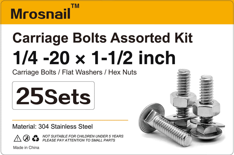 [Australia - AusPower] - 25Pcs Carriage Bolts 1/4-20x1-1/2 Inch, 304 Stainless Steel Full Thread with Round Head Square Neck, Hex Nuts & Washers for Woodworking, Furniture, and Outdoor Projects 25Pcs 1/4-20x1-1/2 