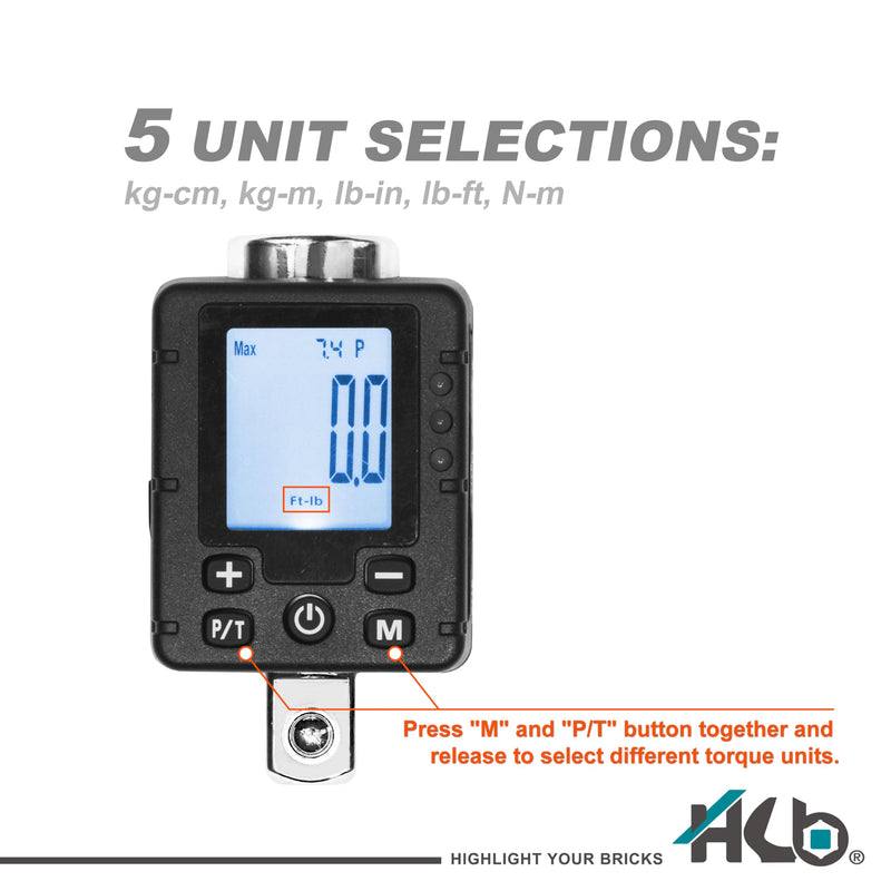 [Australia - AusPower] - HB 3-Piece Digital Torque Adapter Set AAM002-U, 1/2" Drive 7.4–147.6 Ft-lb (10–200Nm), ±2% Accuracy, Peak/Trace Modes, 5 Units, Memory, LED & Buzzer Alerts, Chrome Vanadium Steel, Made in Taiwan 