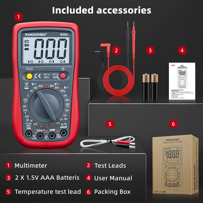 [Australia - AusPower] - Digital Multimeter, DC AC Voltmeter, Temperature, Ohm Volt Amp Test Meter and Continuity Test Diode Voltage Tester for Household Outlet, Automotive Battery Test(Anti-Burn with Double Fuses) 2000 Counts multimeter R30C 