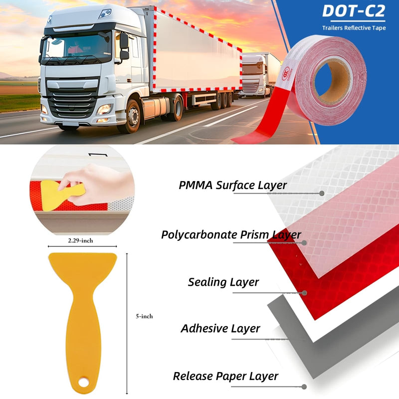 DOT Reflective Tape for Trailers - 2" x 150' Red & White DOT-C2 Approved Reflective Tape Outdoor Waterproof, High Visibility 3m Trailer Reflector Tape for Trucks, Vehicles