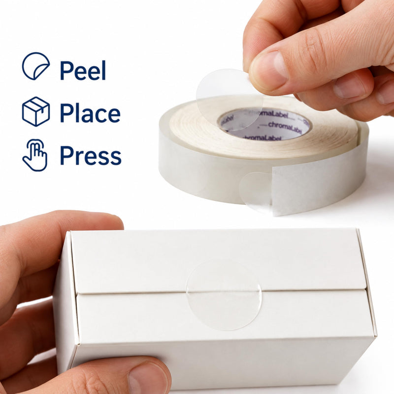 ChromaLabel 1.5 Inch Ultra Clear Wafer Seals, Transparent Circle Stickers for Packaging, Mailing, Envelopes, Gift Bags, Retail Bags, Product Boxes, 5,000/Roll, 3 Inch Core 1-1/2" Diameter 5000/Roll