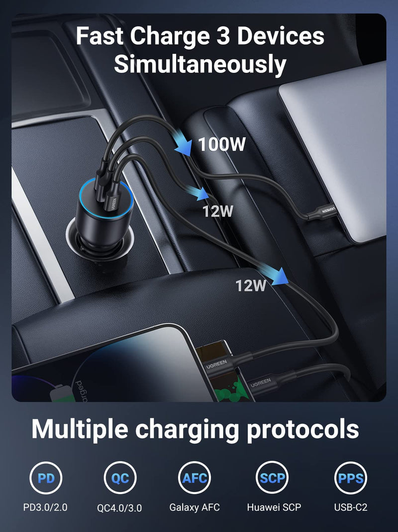 [Australia - AusPower] - UGREEN 130W USB C Car Charger, PD 100W +PD 30W Type C Car Charger Adapter, Fast Charging Car Charger Compatible with iPhone 15 15 Plus 15 Pro 15 Pro Max, Galaxy S24 S23 Ultra, iPad, MacBook, and More 