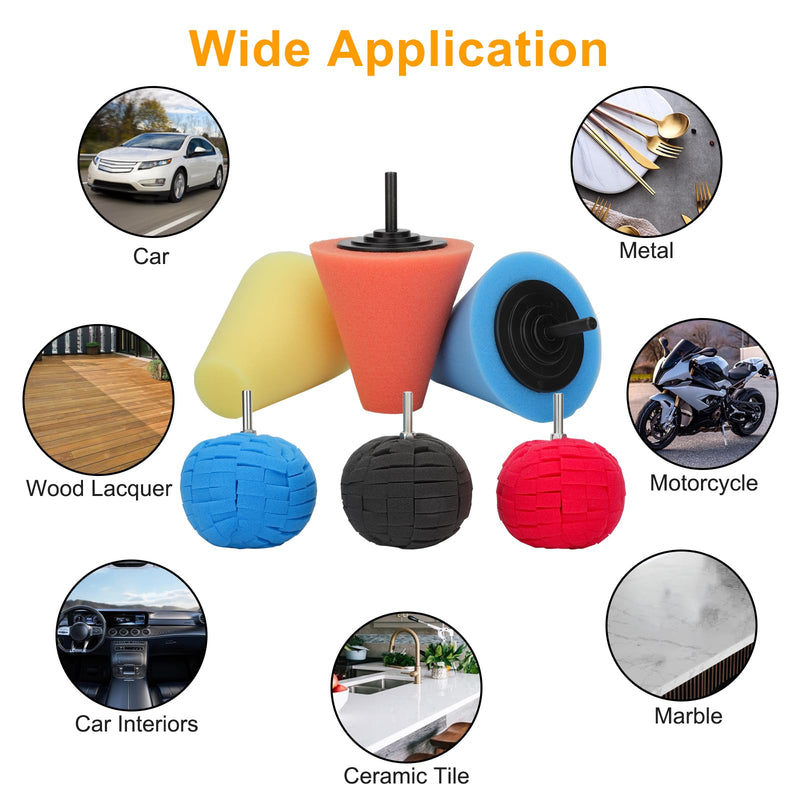 Linkstyle 6PCS Car Wheel Hub Drill Buffing Sponge Pads Kit, 3 inch Shank Polishing Pads for Wheel Hub Cleaning, Auto Cone Metal Polish Buffing Polishing Ball