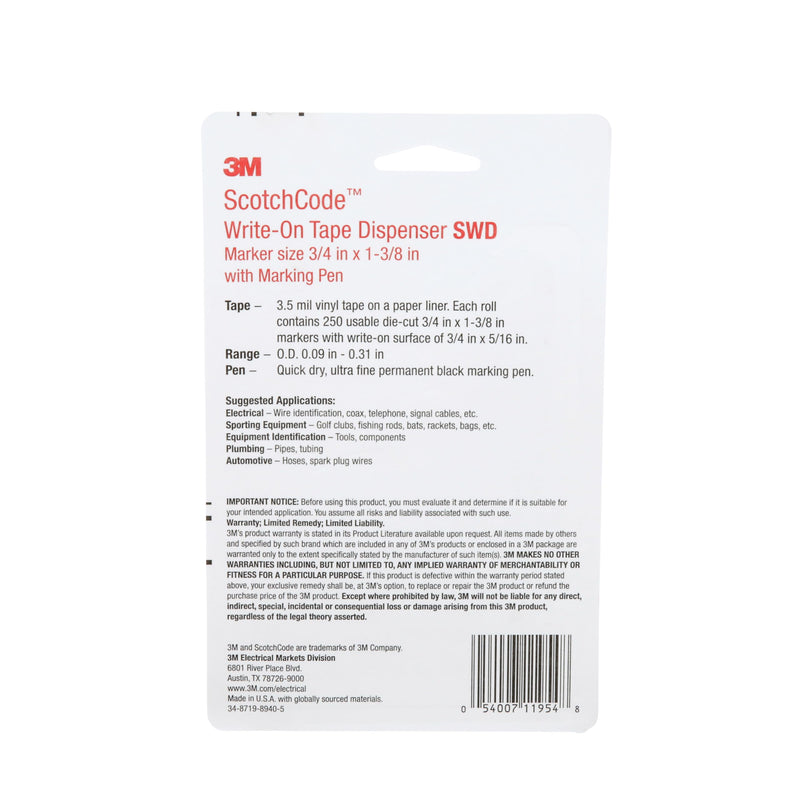 3M ScotchCode Wire Marker Write-On Dispenser with Tape and Pen SWD, 0.75 in x 1.375 in, Pack of 1 SWD Wire Marker Write-On Dispenser with Tape and Pen