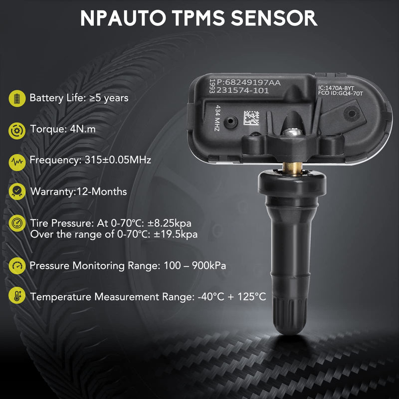 NPAUTO TPMS Sensor Fits for RAM 1500 2500 3500 4500 5500 Jeep Cherokee 2014 2015 2016 2017 2018-2022, 4Pcs Tire Pressure Sensors Replace# 68249197AA 68239720AA Tire Pressure Monitoring System 434MHz
