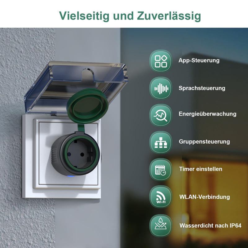 EIGHTREE WLAN Outdoor Socket, IP64 Outdoor Socket, Waterproof, 2.4 GHz | WLAN socket with current measurement, compatible with Alexa & Google Home, timer socket, app control and voice control 2.4 GHz outdoor WLAN socket
