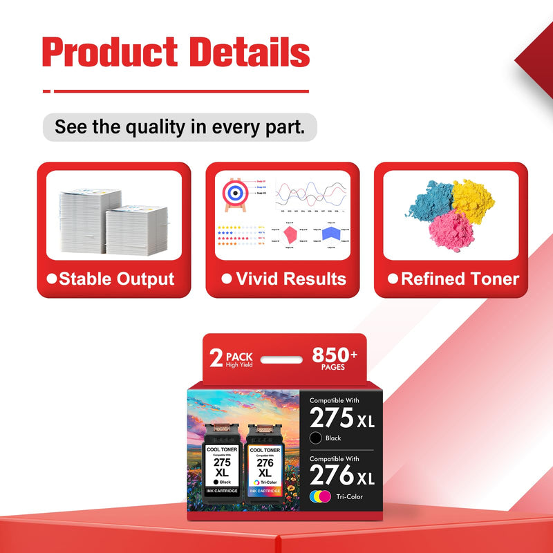 275 and 276 TS3722 TR4720 Ink Cartridges Replacement for Canon Printer 275XL 276XL Combo Pack PG-275 CL-276 XL for Canon PIXMA TR4700 TR4722 TS3522 TS3522 TS3500 TS3520 TS3720 (2 Pack, Black Color)