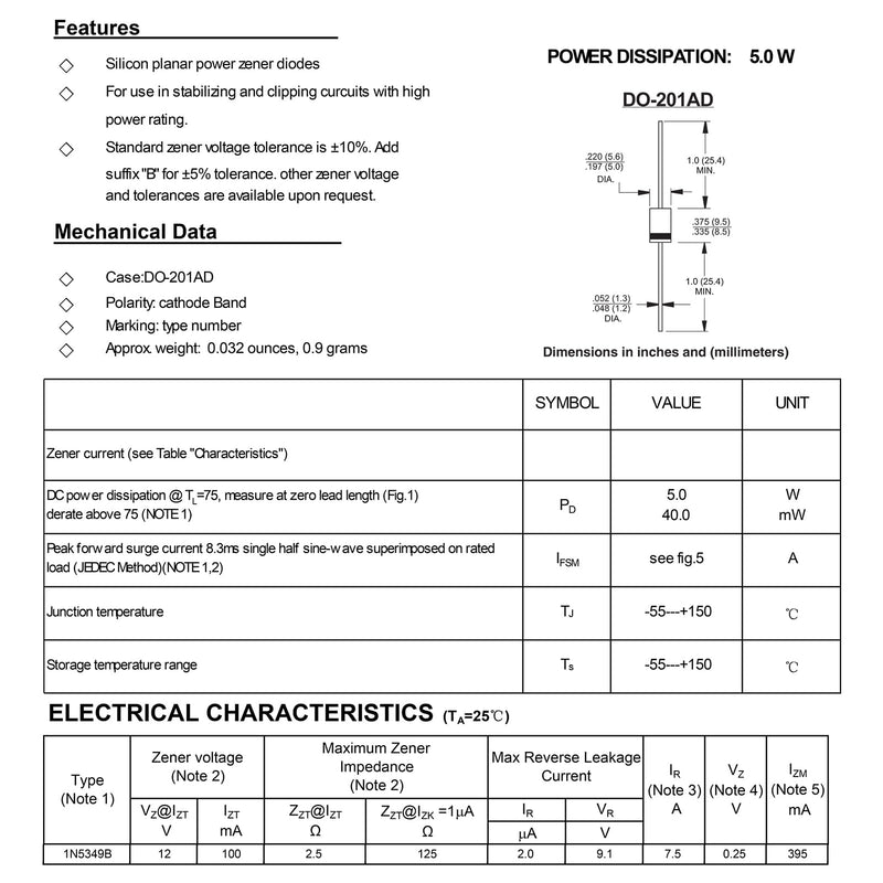 [Australia - AusPower] - 35 PCS 1N5349B 5W 12V Zener Diode 5349 5Watt 12Volt Power Diodes Automotive One Way Dioden DO-201AD Package 