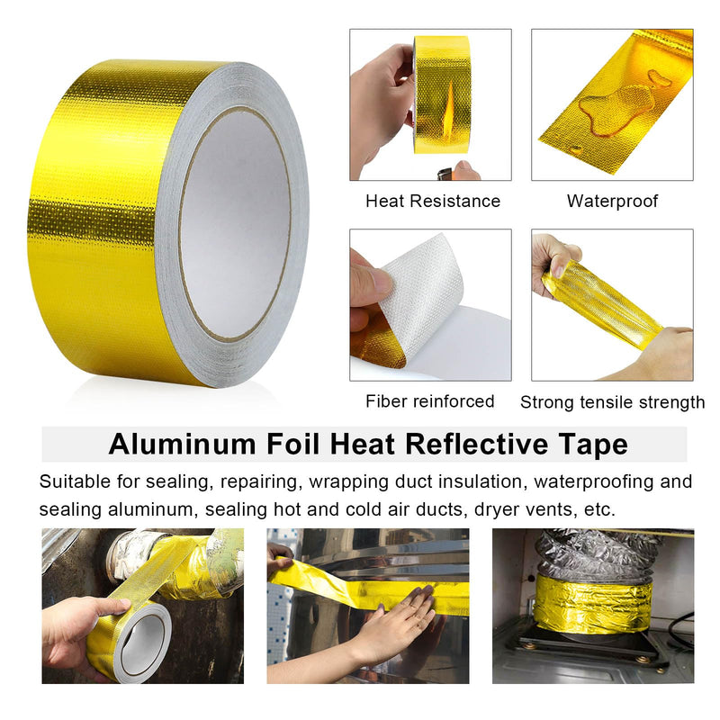BOMEI PACK Adhesive Gold Aluminum Foil Heat Shield Tape Barrier 2inch x 66ft, Fiberglass Thermal Insulation Reflective Material High Temp Protection,1 Pack