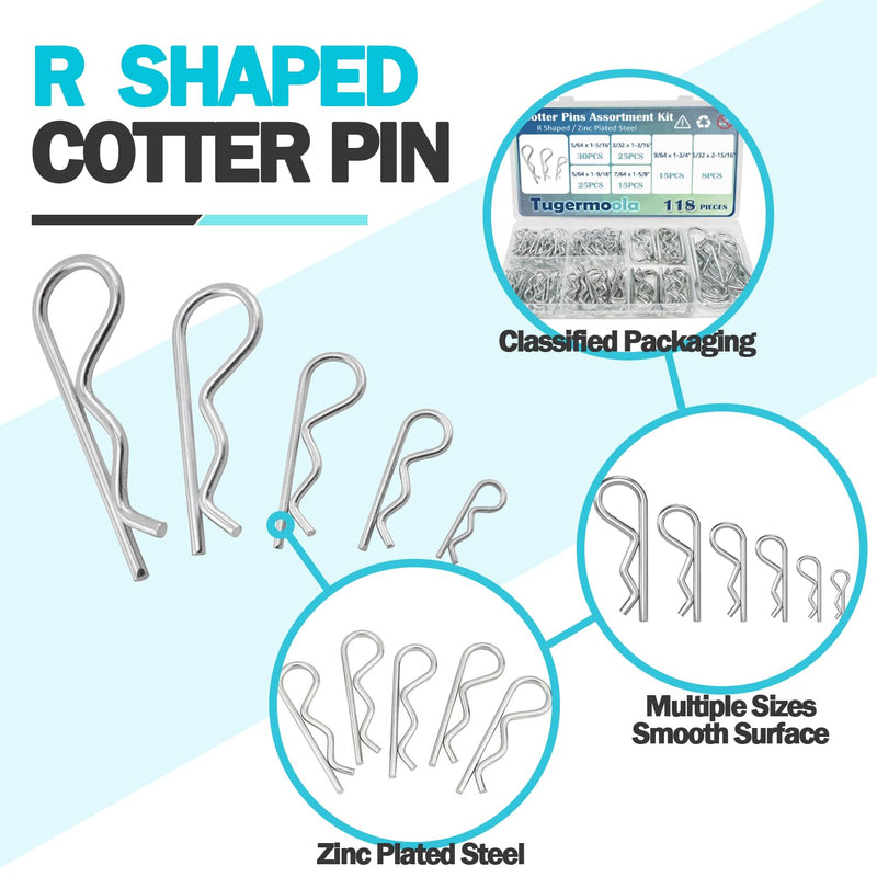 [Australia - AusPower] - 118PCS 6 Sizes Cotter Pin Assortment Kit Zinc Plated Steel R Shaped Small Hardware Hitch Pins Clip Cotter Pins Set OLA010-118 118PCS Assortment Kit 