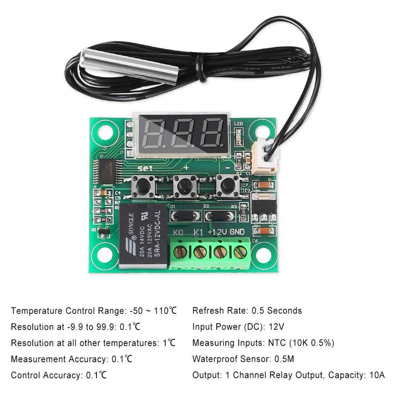 AITRIP 6 x LED Digital Thermostat DC 12 V - W1209 Heating/Cooling Temperature Control Switch Module with Waterproof 50 ~ 110 °C Sensor Probe + Transparent Acrylic Housing