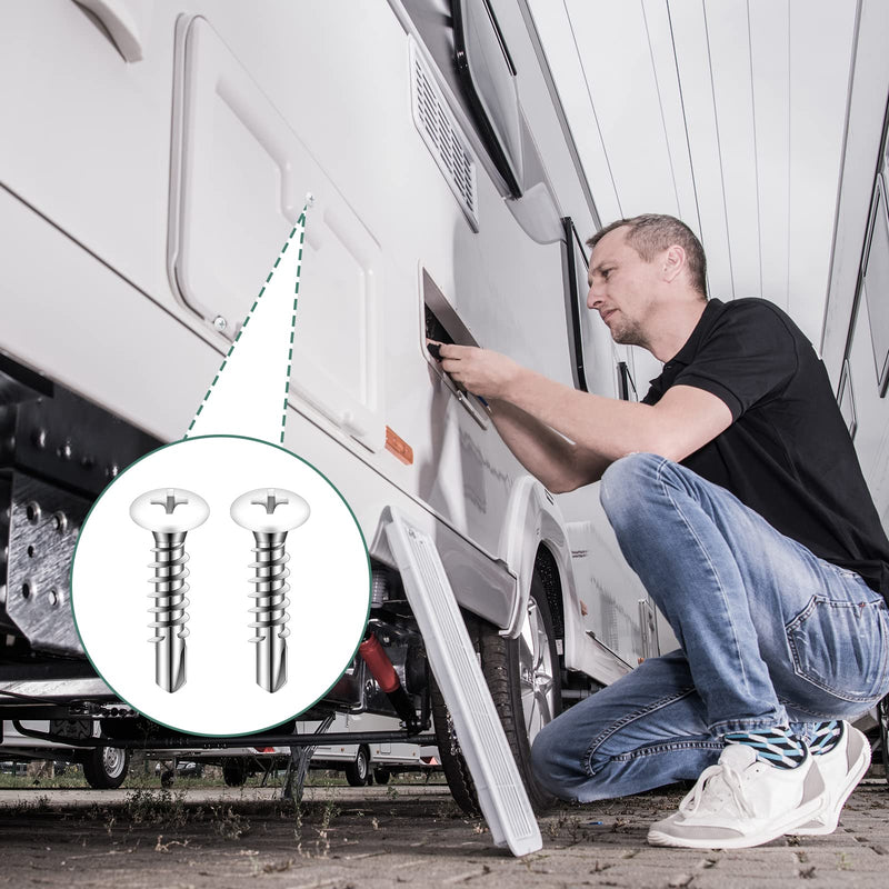 [Australia - AusPower] - 120 Pcs #8 White Pan Head Screw White Sheet Metal Screws Self Tapping Screws for Metal Quad Drive Self Tapping Drill Screws Cargo RV Exterior Fasteners, Enclosed Trailer Repair Screws,3 Sizes 