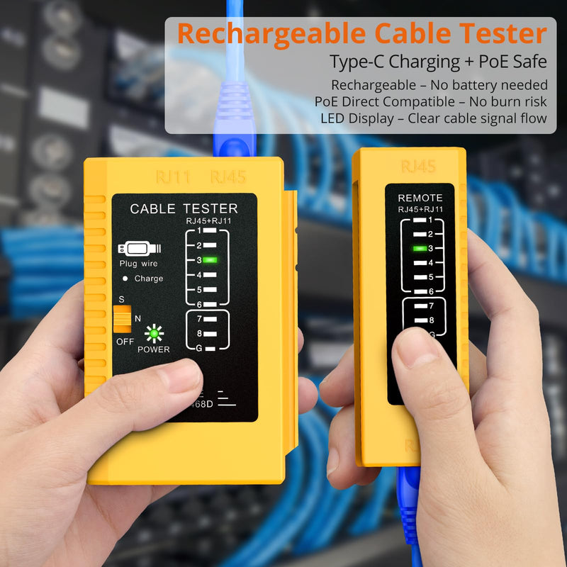 Proster RJ45 Crimp Tool - Cat7 Crimping Tool for 8P RJ45 CAT5/6/7 & 6P RJ11 RJ12 Connector with Rechargeable Network Cable Tester, CAT7 Gold Plated STP Connectors & UTP CAT6 Connectors Cat7 Yellow