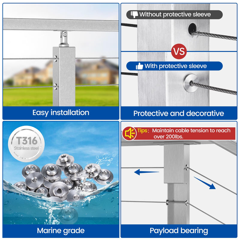 [Australia - AusPower] - Muzata 20 Pack 1/8" Level Wheel Cable Railing Grommets ONLY for Level 1/8" Wire Rope T316 Stainless Steel Protector Sleeves Deck Cable Railing Hardware Kit Metal Posts CR72 20P 