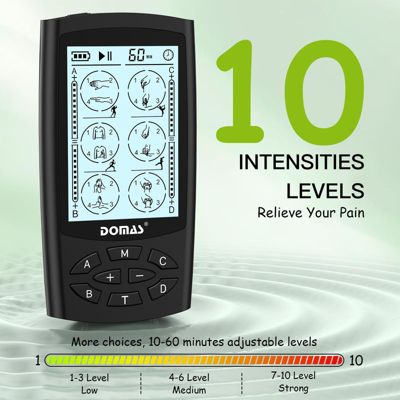 [Australia - AusPower] - DOMAS TENS Unit with 4 Channel Outputs, TENS EMS Unit Muscle Stimulator for Back Pain Relief, Portable & Rechargeable Nursing Machine Device with 24 Modes Electronic Pulse Massager & 16 Pads 